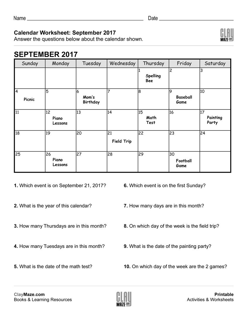 This Worksheet Features A Calendar With Events Posted On