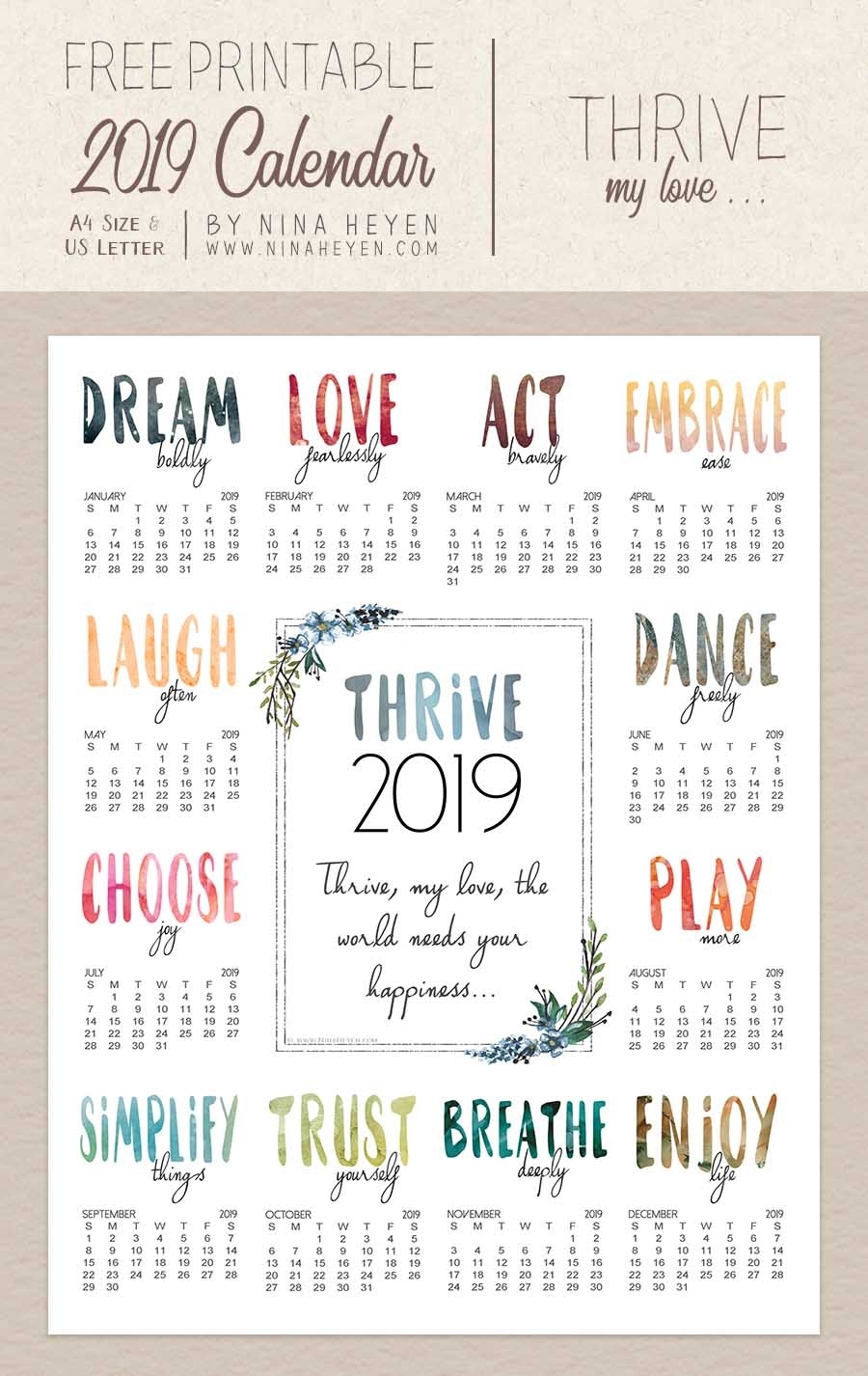 Thrive | Free Printable Wall Calendar 2019 | Nina Heyen