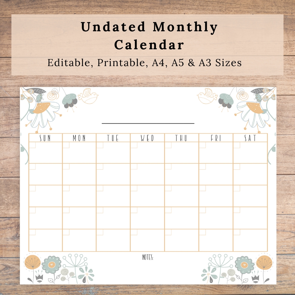 Undated Editable Monthly Calendar Printable Planner Pdf