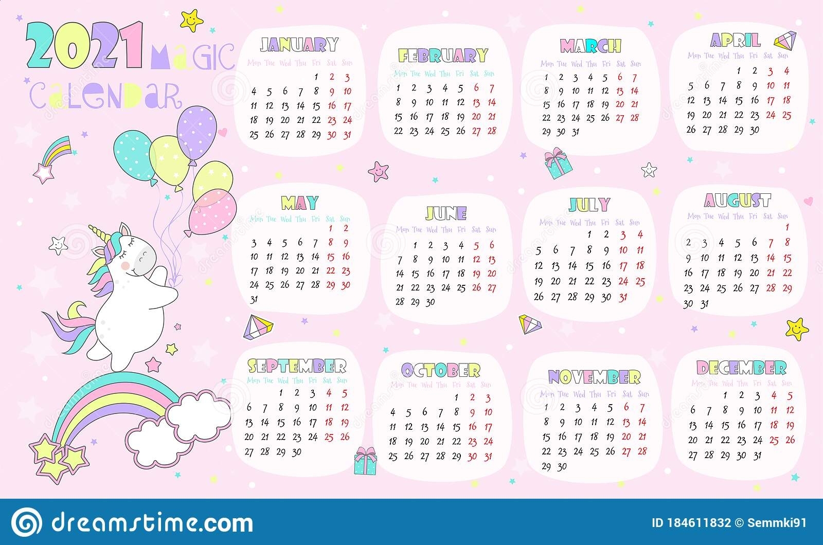 Vector Illustration Child Calendar For 2021 With Cute
