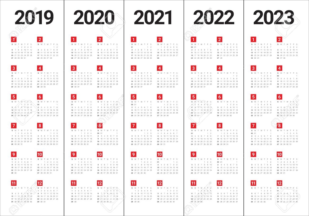 Year 2019 2020 2021 2022 2023 Calendar Vector Design Template,..