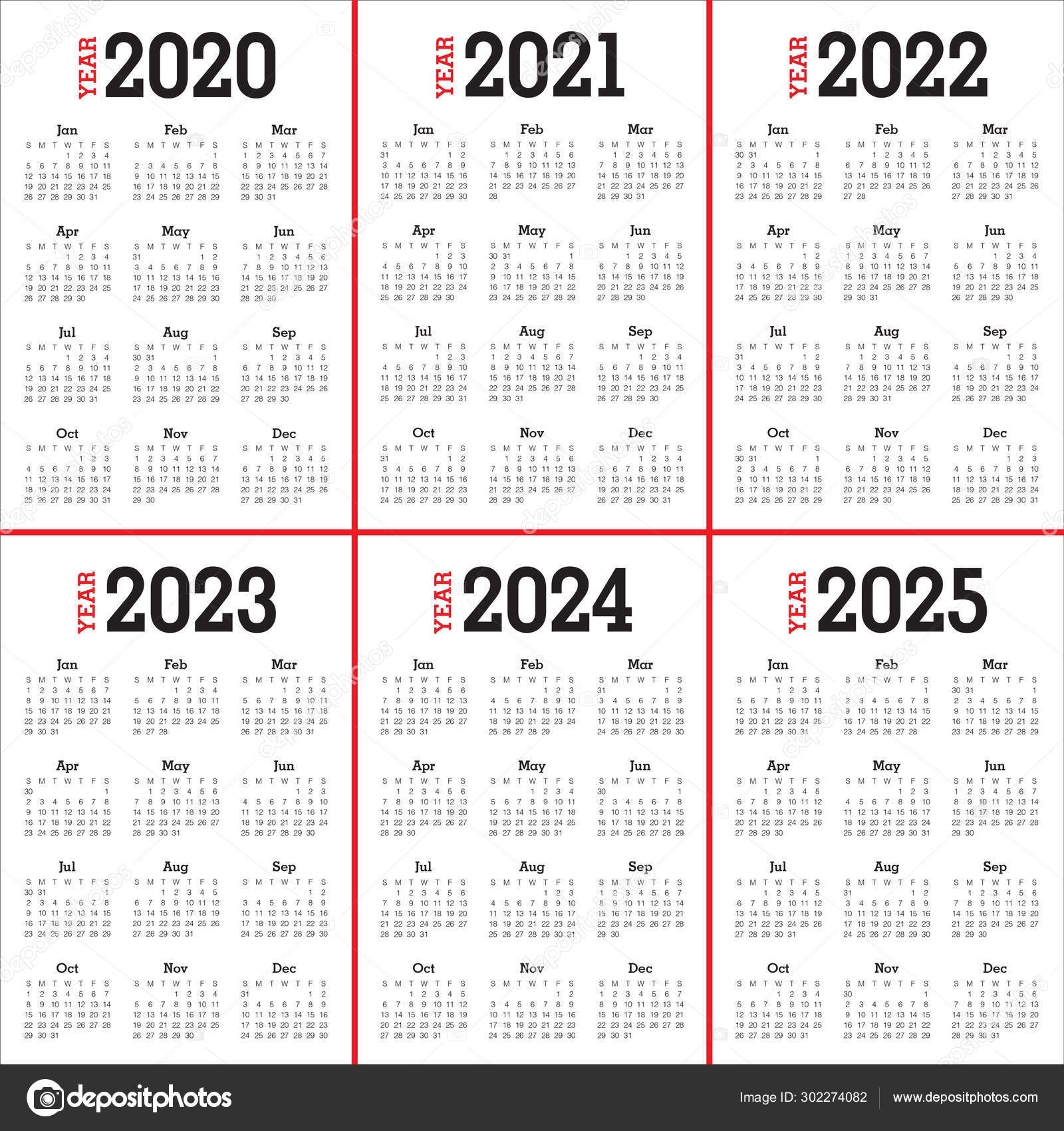 Year 2020 2021 2022 2023 2024 2025 Calendar Design 302274082