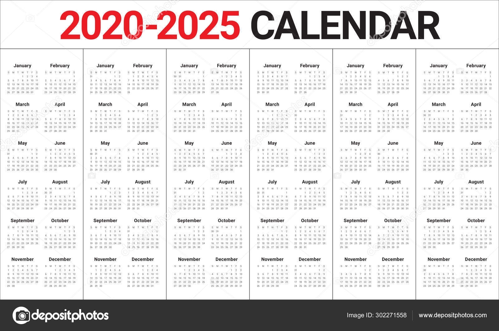 Year 2020 2021 2022 2023 2024 2025 Calendar Vector Design Templa 302271558