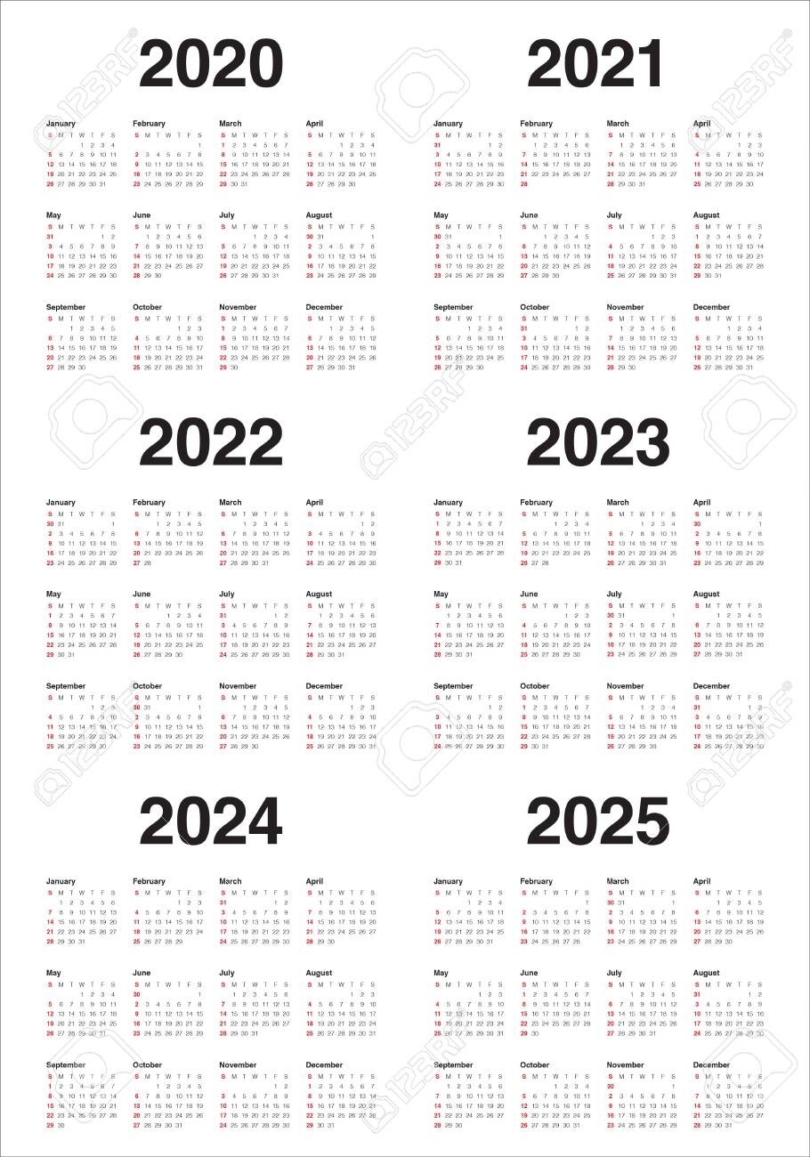 Year 2020 2021 2022 2023 2024 2025 Calendar Vector Design Template,..