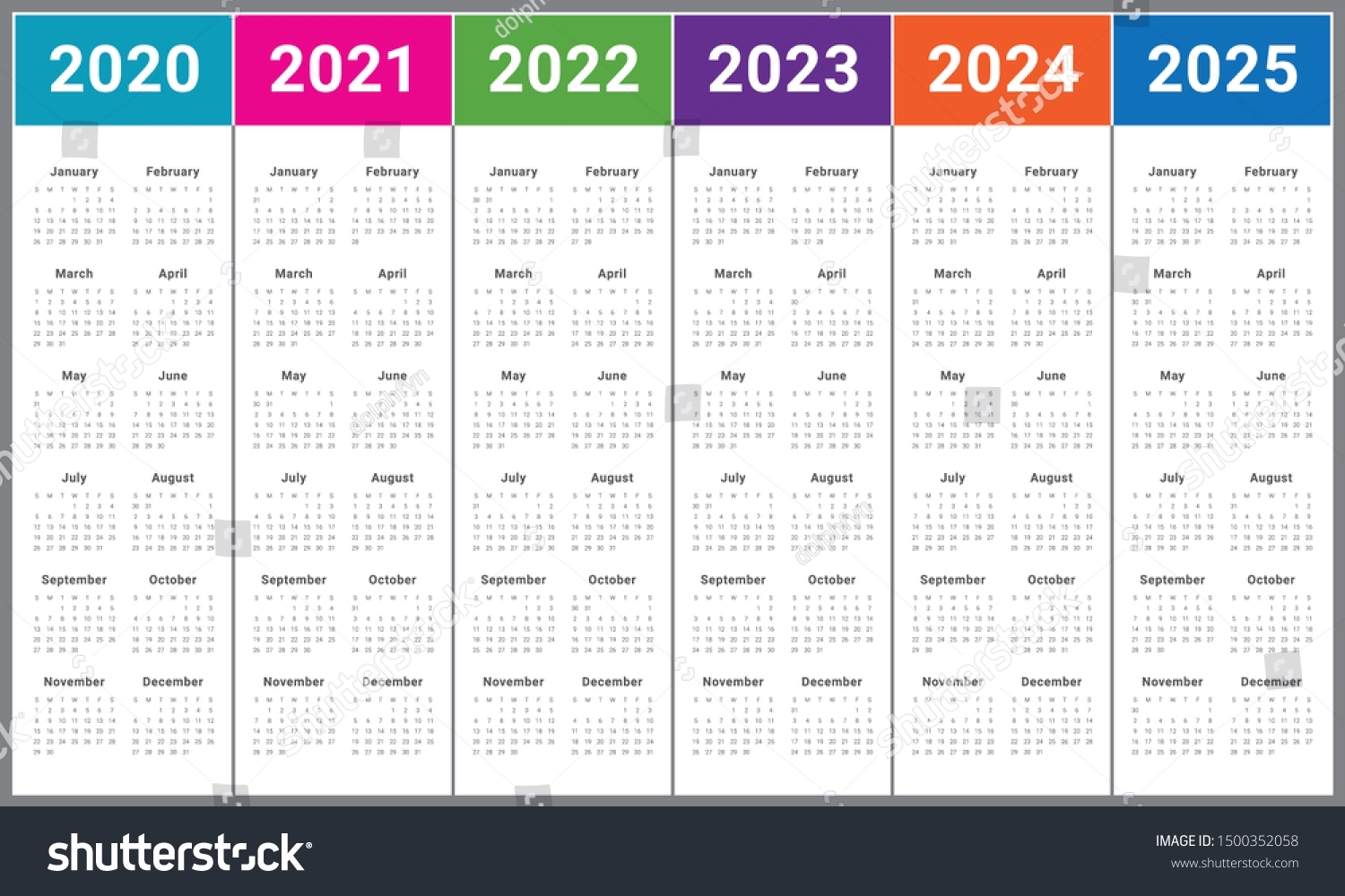 Year 2020 2021 2022 2023 2024 2025 Calendar Vector