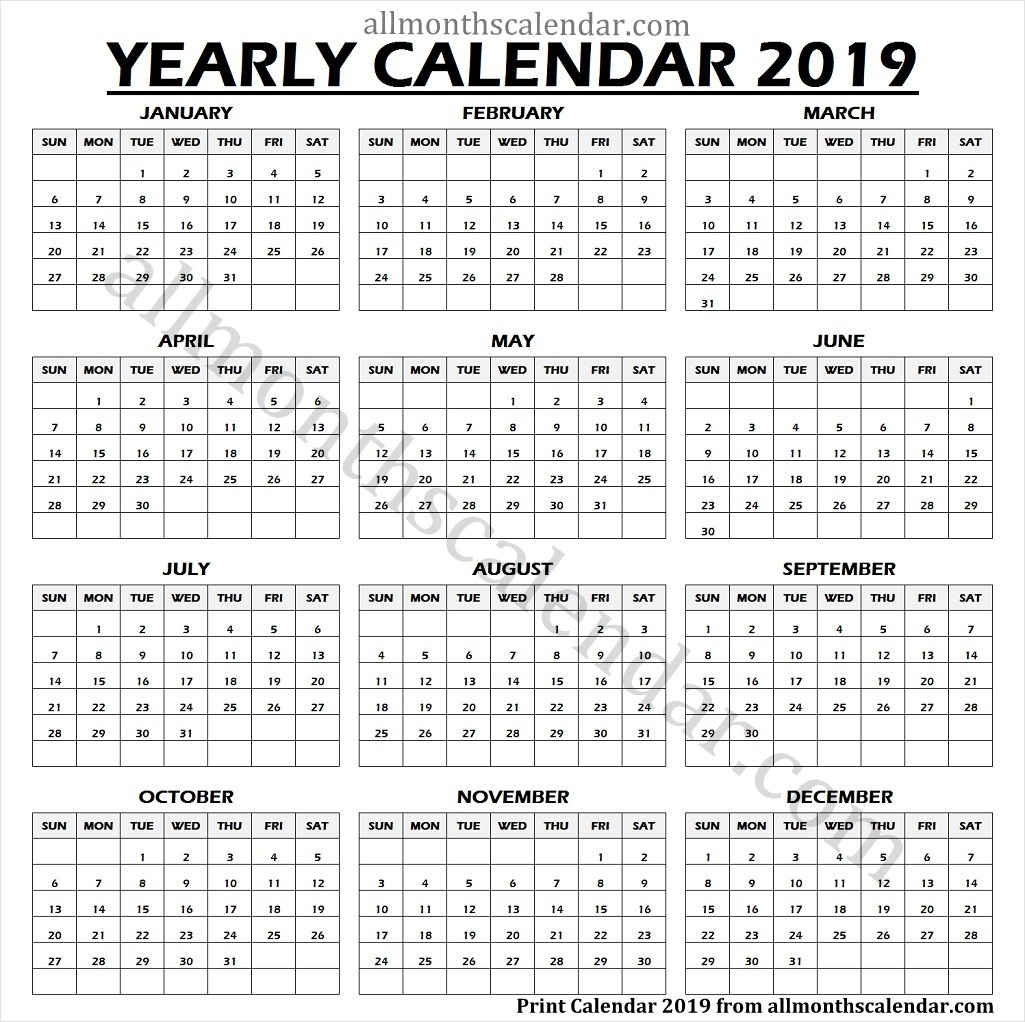 Year Calendar 2019 One Page | 2019 Calendar Printable One Page