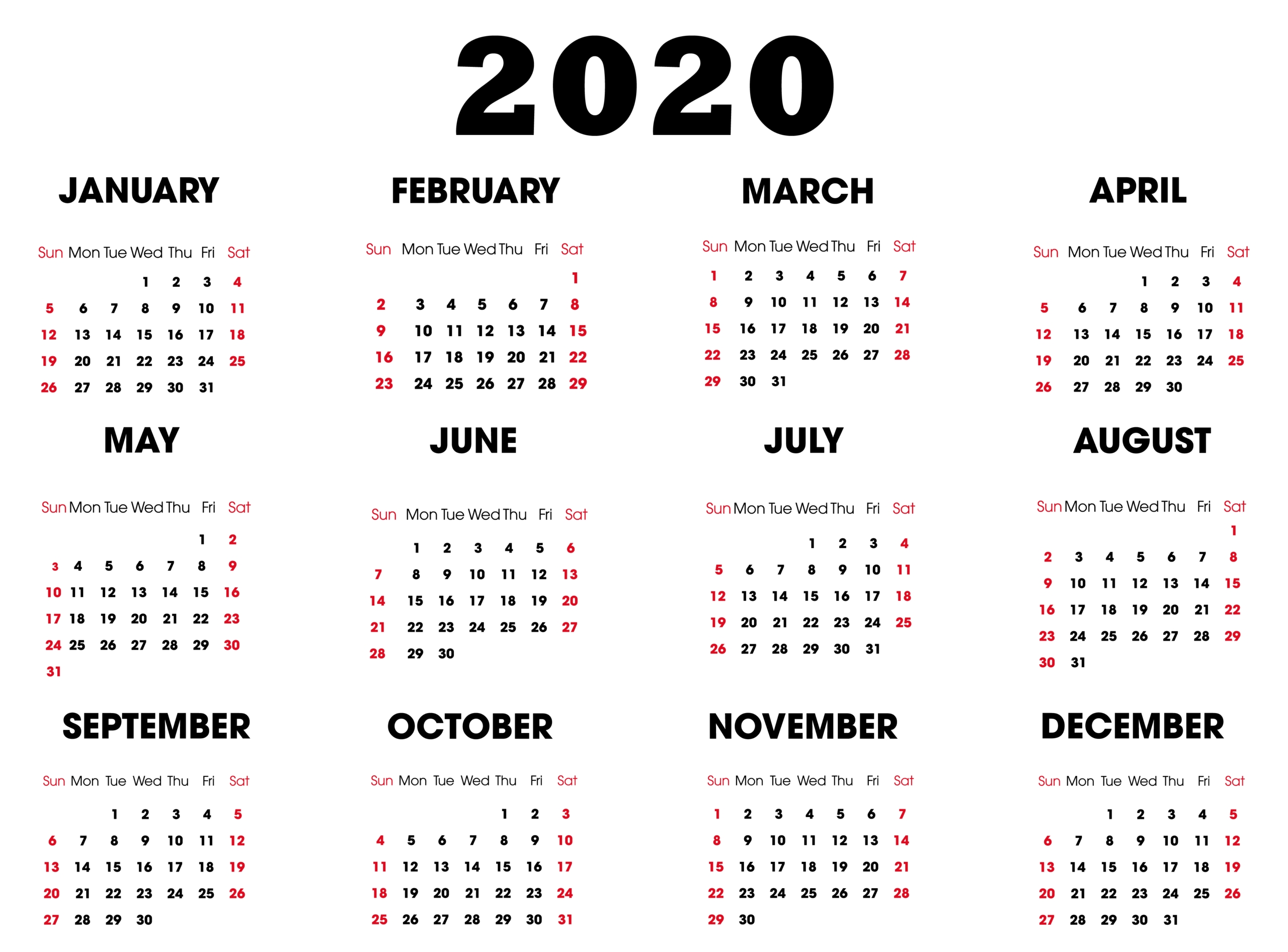 Yearly 2020 Printable Calendar | Free Printable Calendar