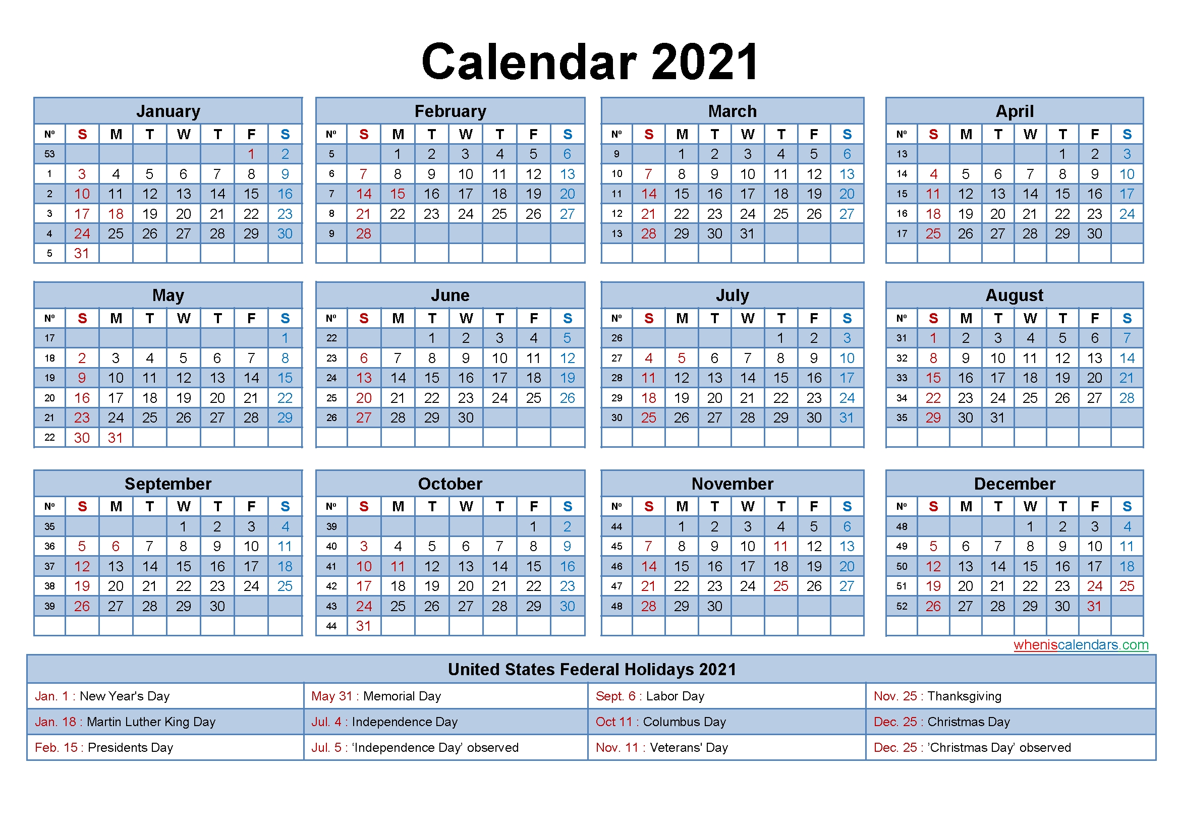 Free Editable Printable Calendar 2021 - Template No