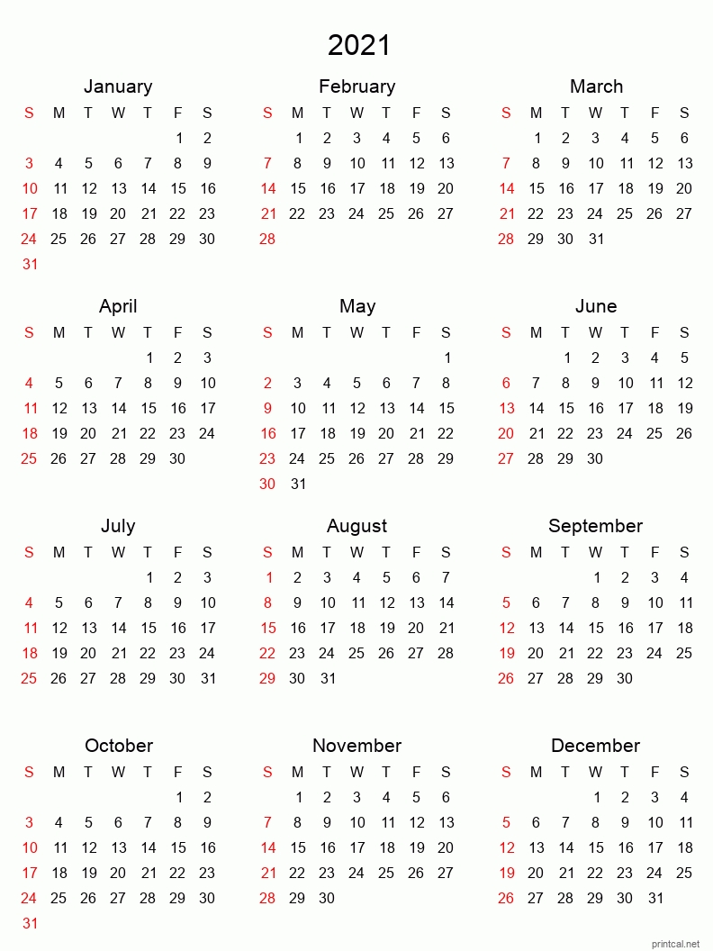 Printable Yearly Calendar 2021, Full-Year | Free Printable
