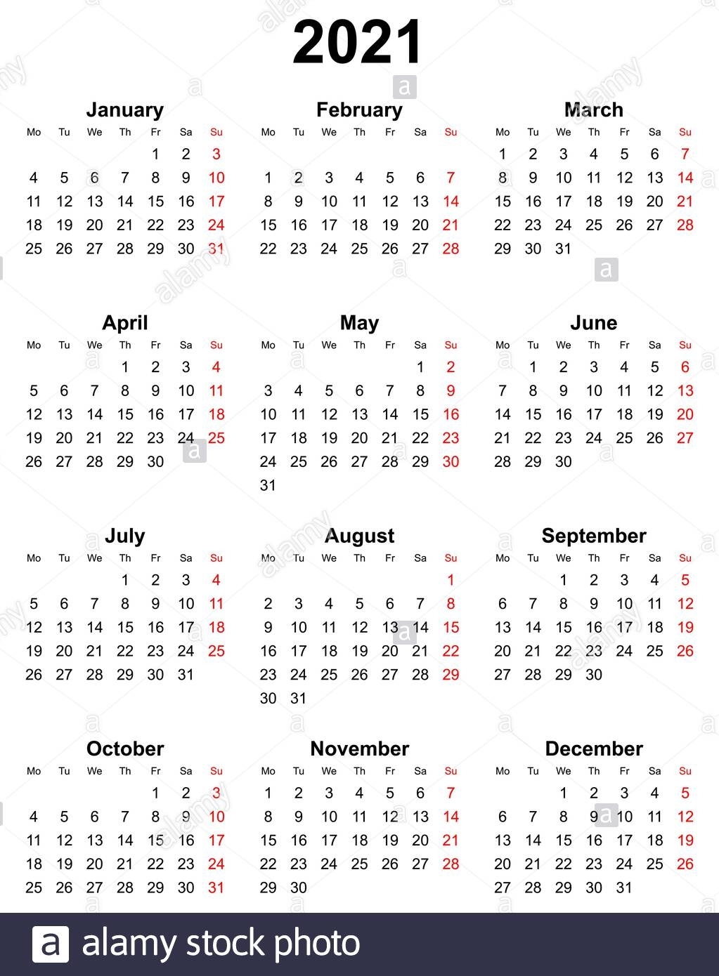 Simple Editable Vector Calendar For Year 2021 Sundays In