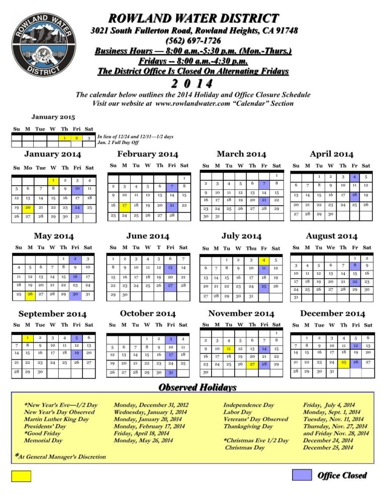 2014-9-80 Work Week-Holidays-Public | Rowland Water District