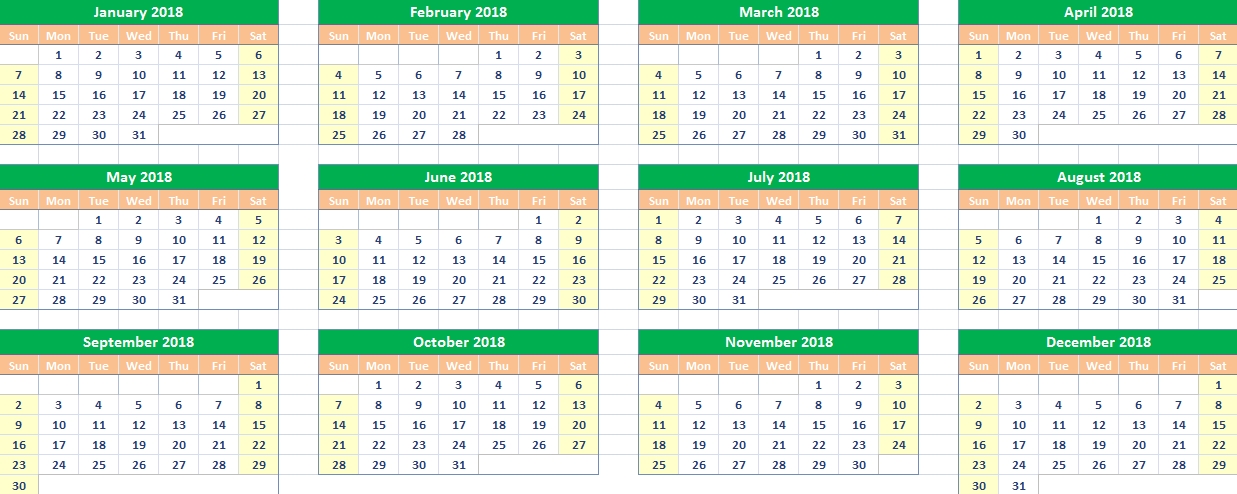 2018 Calendar Google Sheets Printable Templates