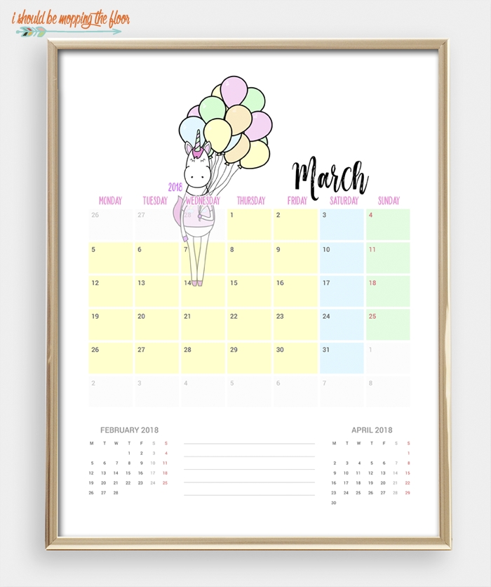 2018 Printable Unicorn Calendar | I Should Be Mopping The