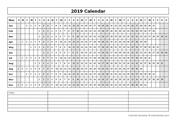 2019 Blank Year At A Glance Calendar - Free Printable