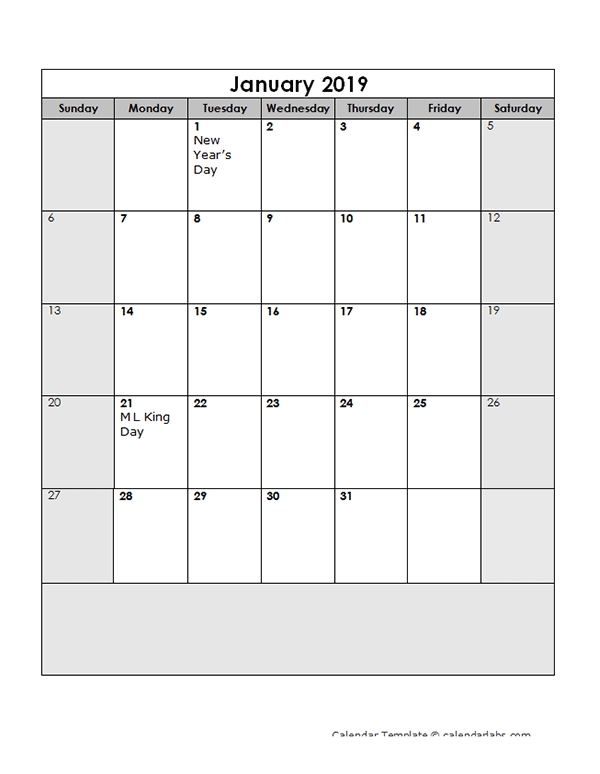 2019 Calendar Template Large Boxes - Free Printable Templates