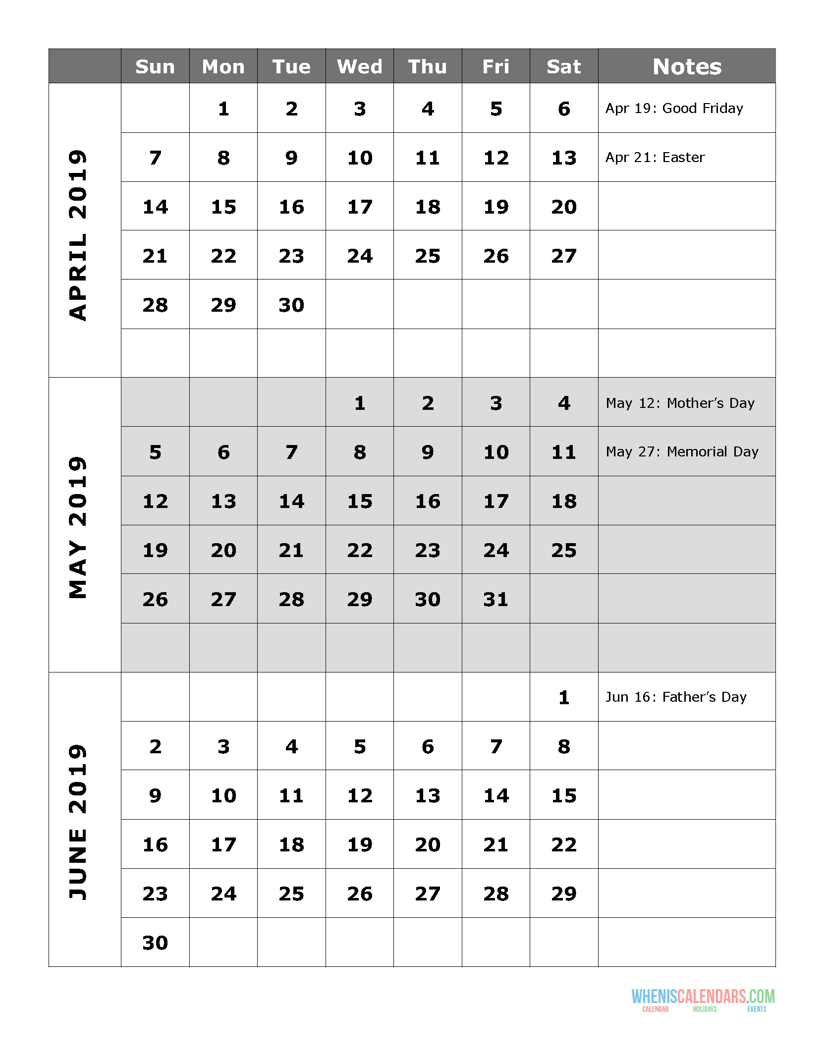 2019 Quarterly Calendar Printable Q.2: April May June