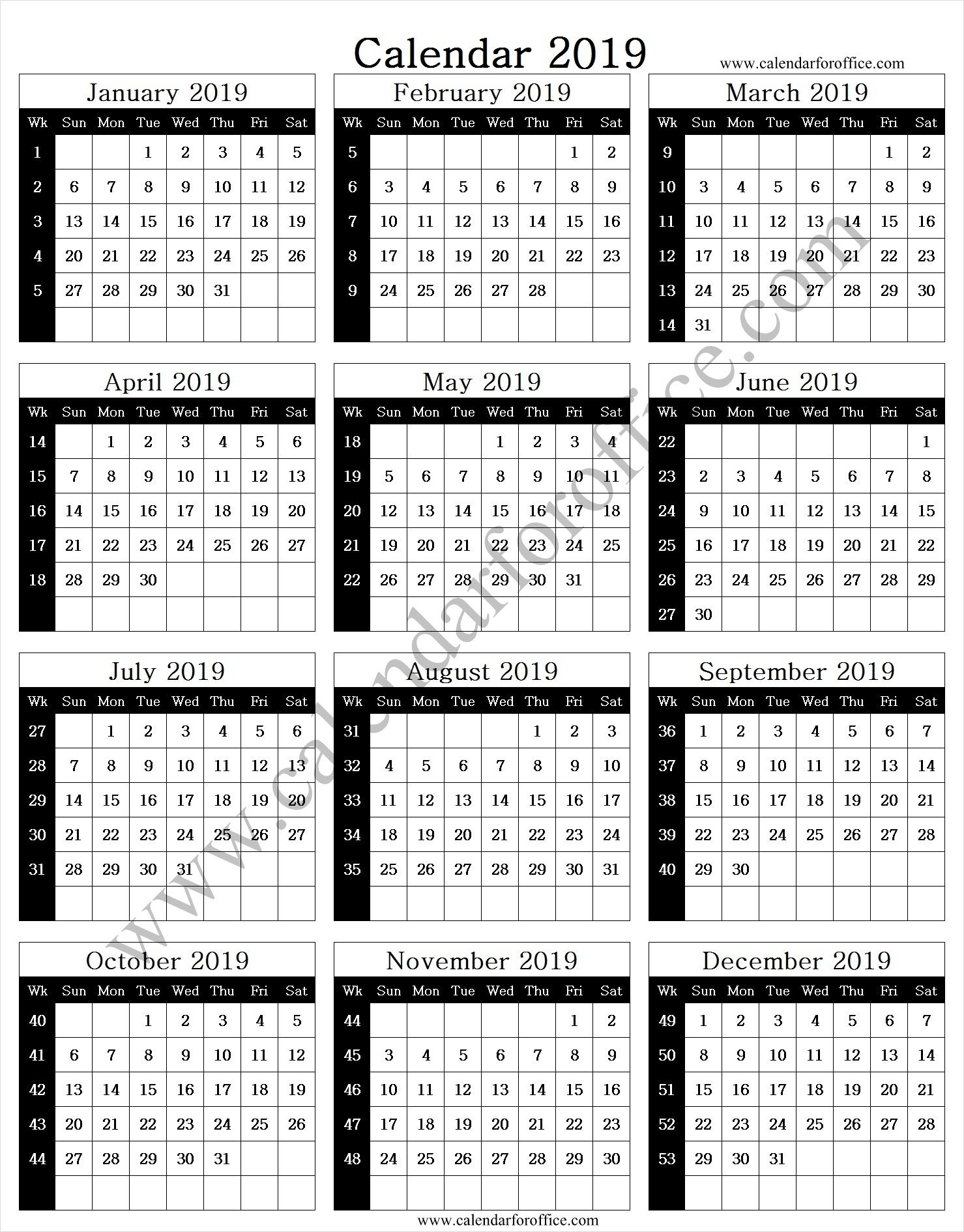 2019 Year Calendar With Week Numbers | Calendar With Week