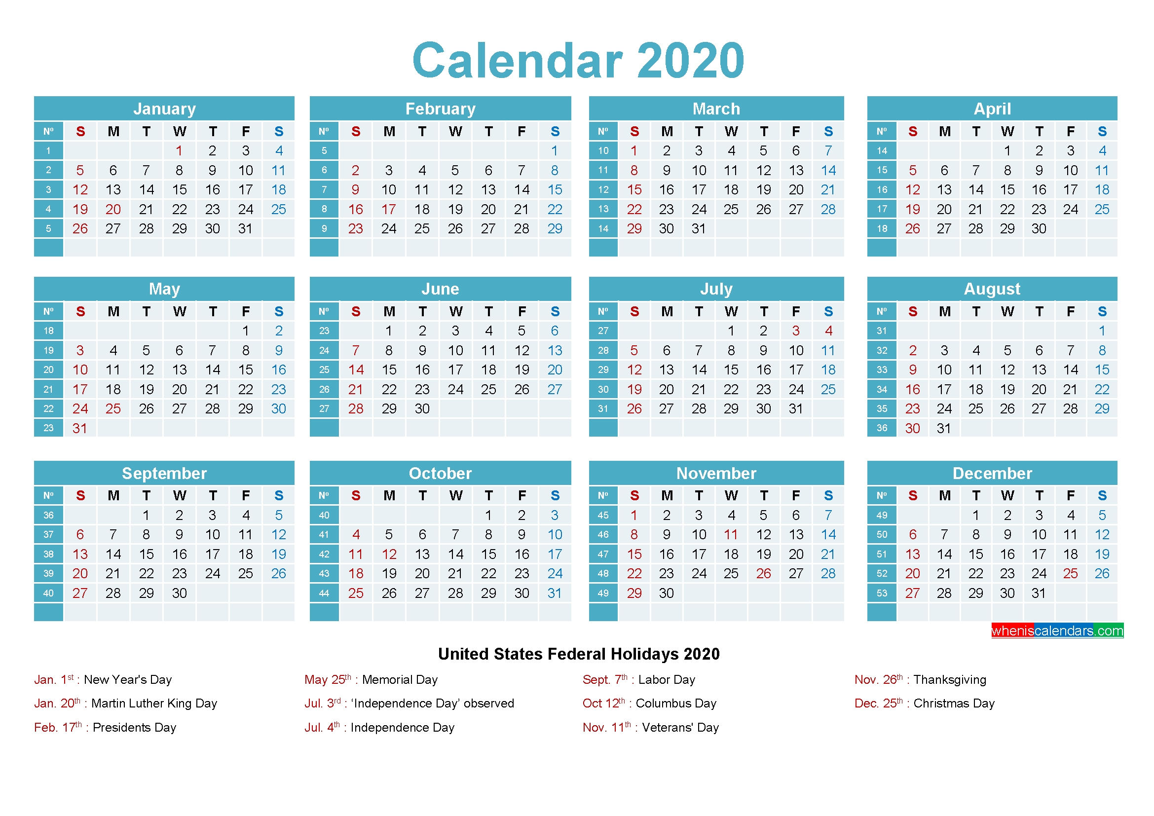 2020 Calendar With Holidays Printable Word, Pdf - Free