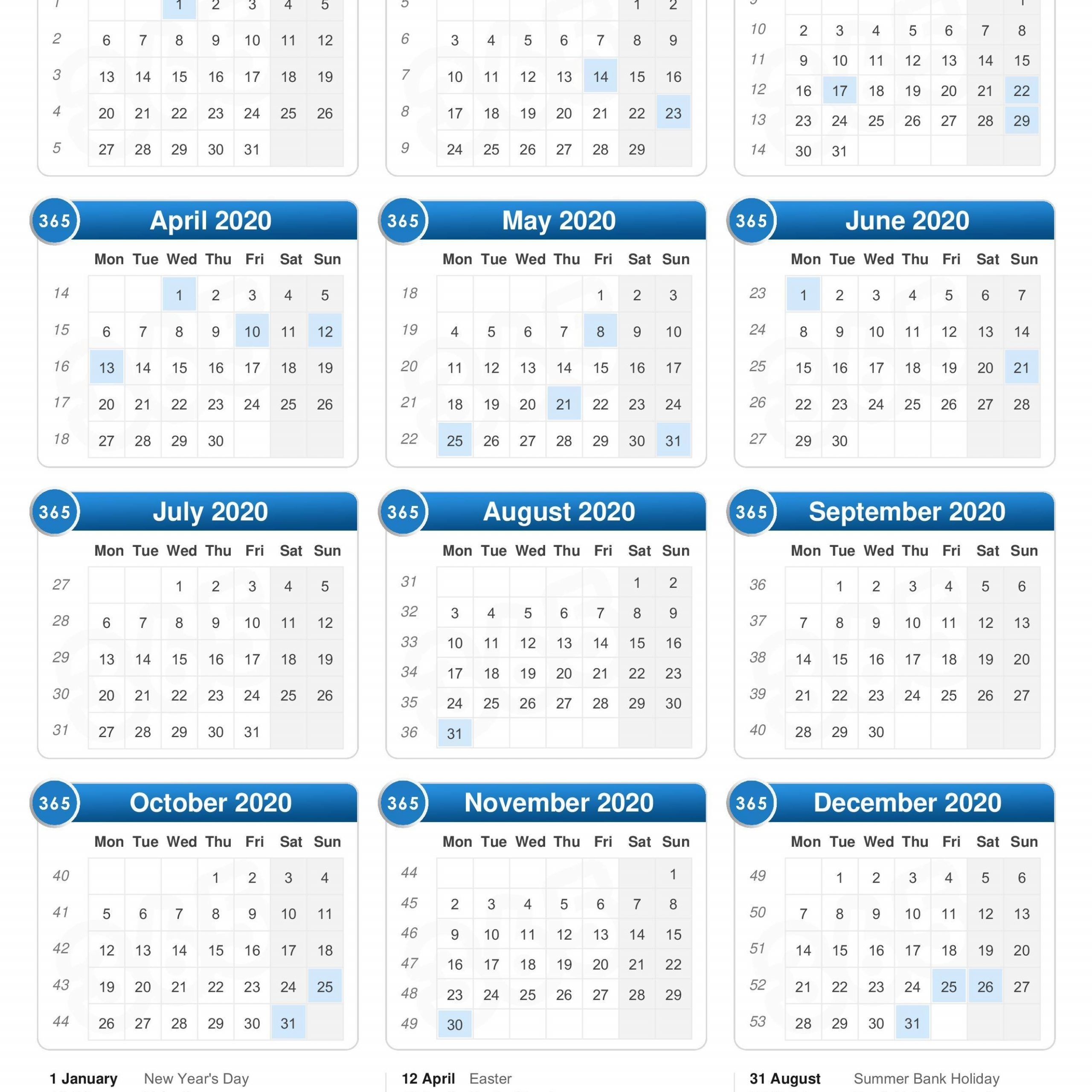 2020 Calendar With Week Numbers And Bank Holidays | Free