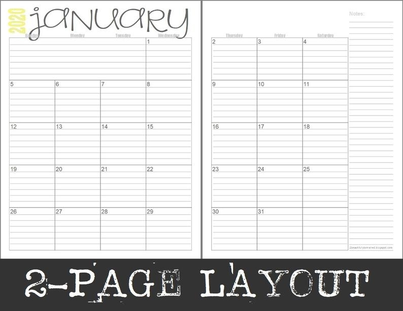 2020 Monthly 2-Page Lined Calendars Full Year Printable | Etsy