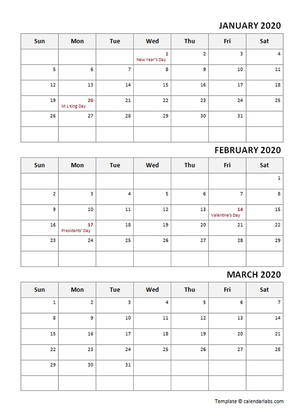 2020 Quarterly Calendar With Holidays - Free Printable