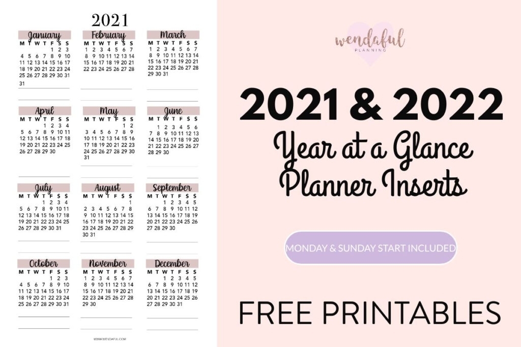 2021-2022 Year At A Glance Planner Inserts | Wendaful Planning