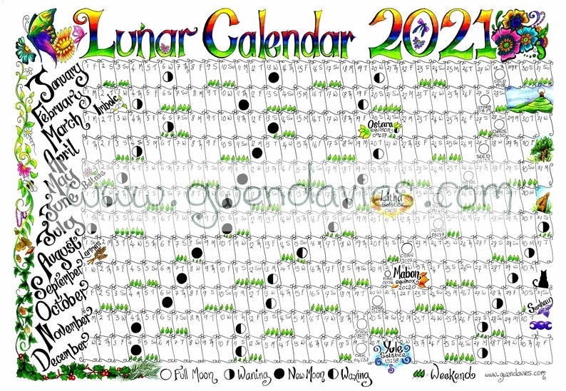 2021 A4 Lunar Moon Calendar Plus Wheel Of The Year Pagan