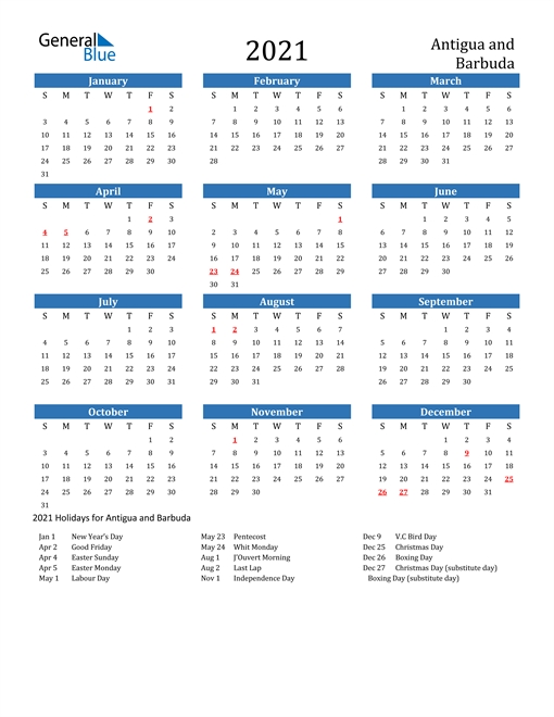 2021 Calendar - Antigua And Barbuda With Holidays