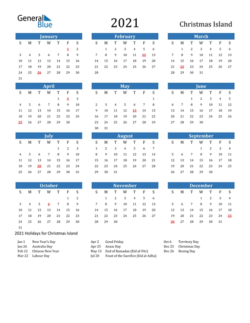 2021 Calendar - Christmas Island With Holidays