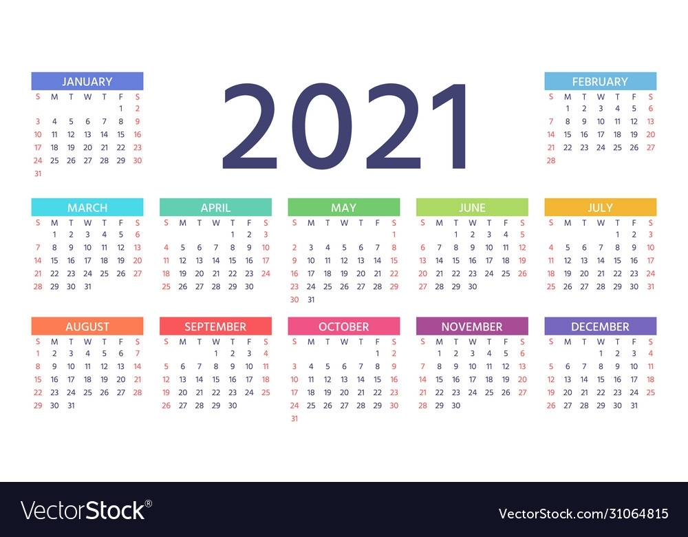 2021 Calendar Color Template Year Planner Vector Image