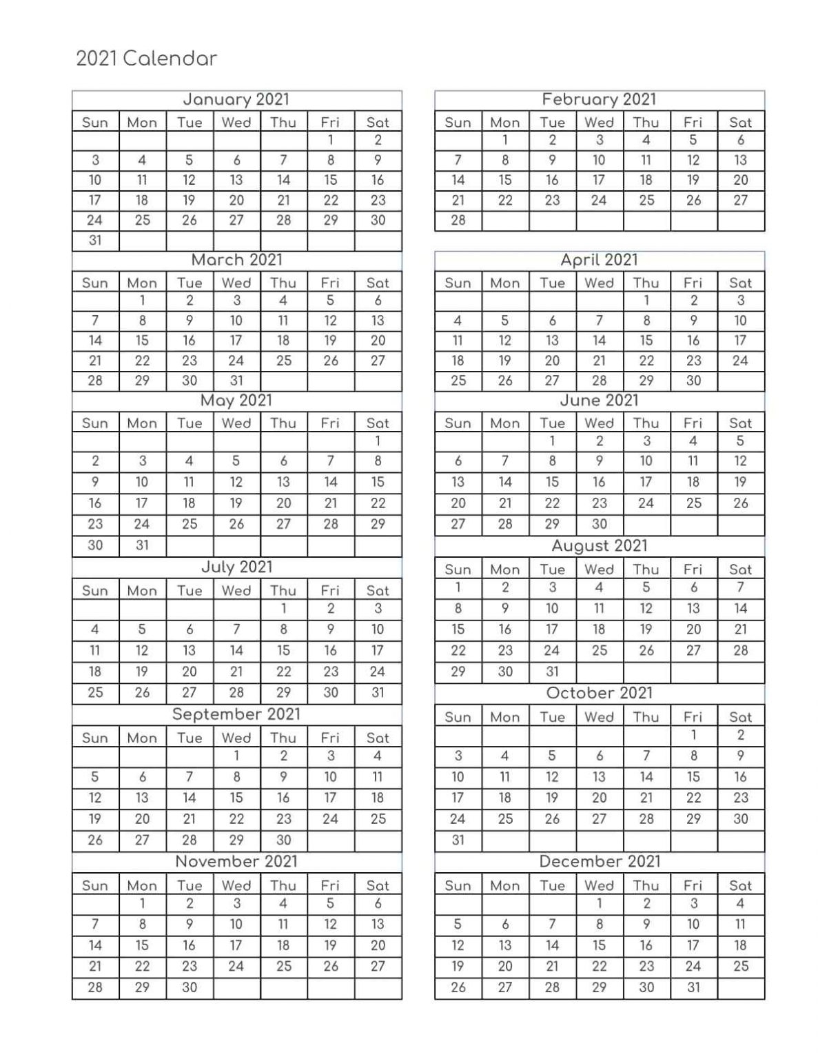 2021 Calendar Excel | Google Sheet Blank Template
