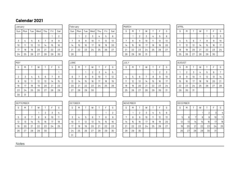 2021 Calendar Excel | Google Sheet Blank Template