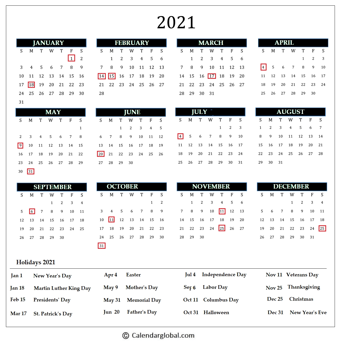 2021 Calendar: Free Printable Yearly One Page - Calendarglobal