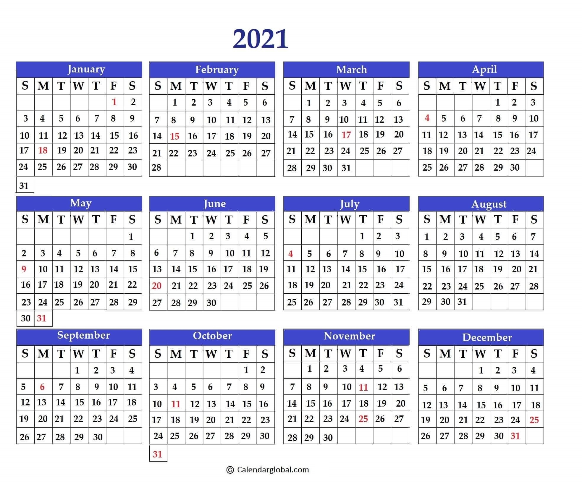 2021 Calendar: Free Printable Yearly One Page - Calendarglobal