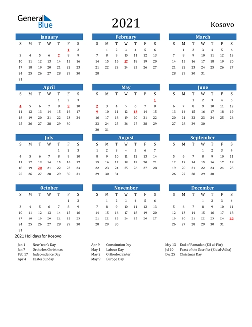 2021 Calendar - Kosovo With Holidays