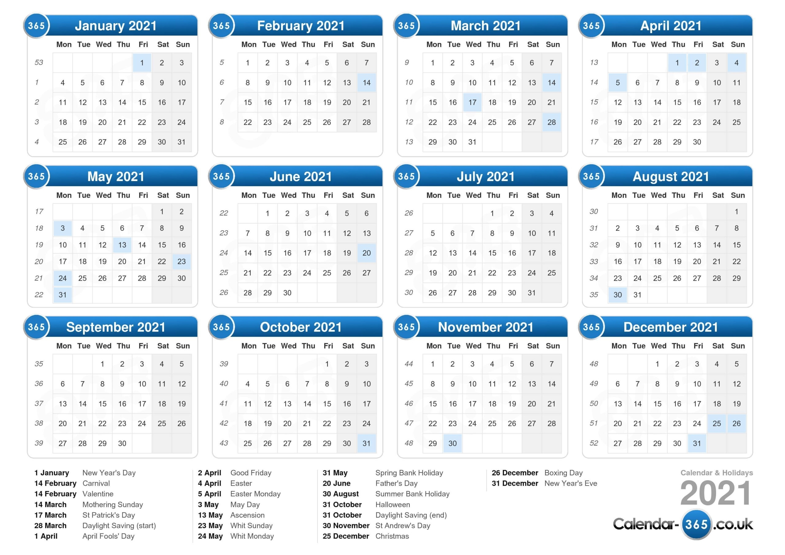2021 Calendar Uk With Week Numbers