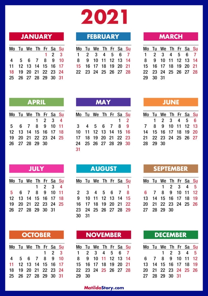 2021 Calendar With Holidays, Printable Free, Colorful
