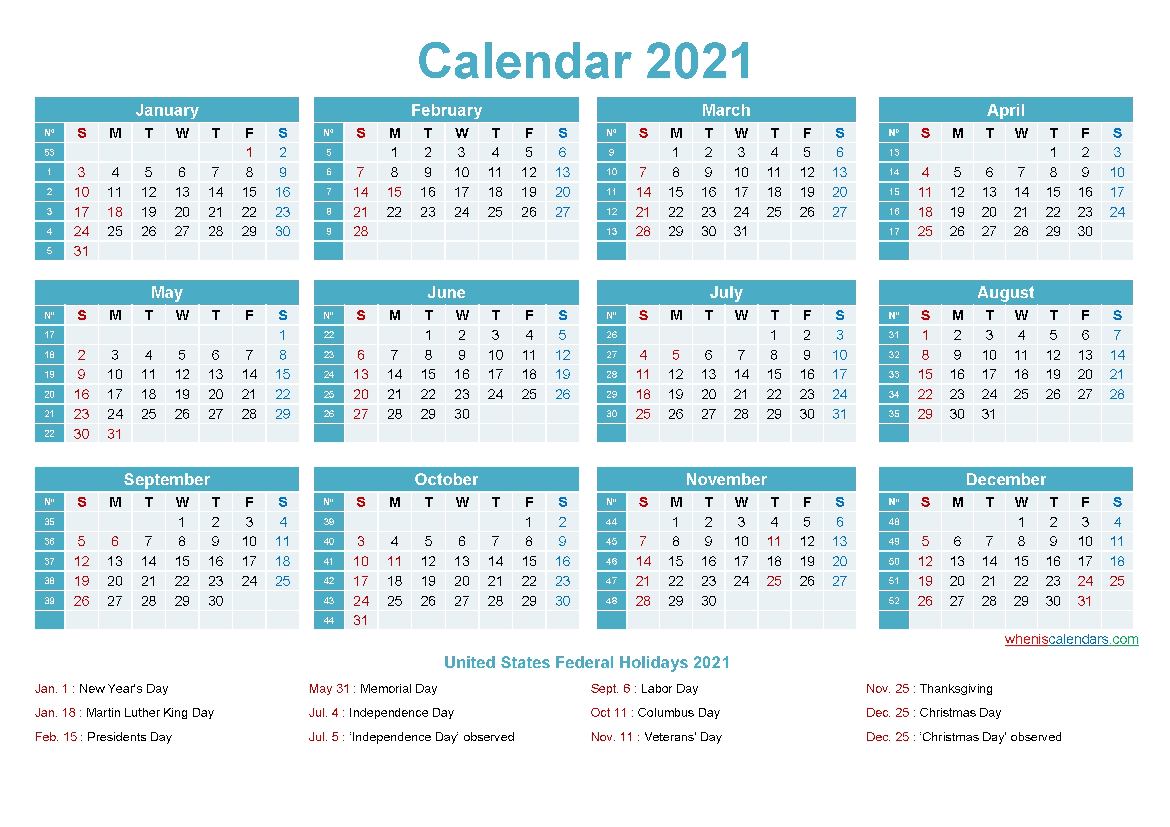 2021 Calendar With Holidays Printable Word, Pdf - Free