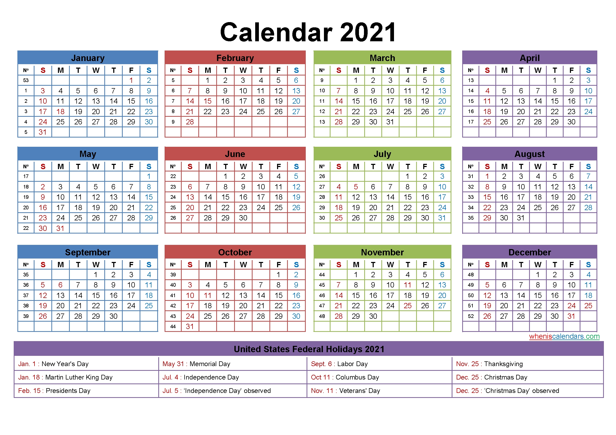 2021 Calendar With Holidays Printable Word, Pdf