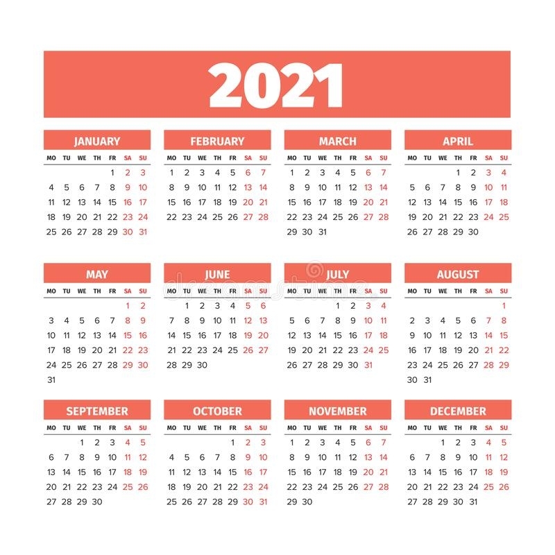 2021 Calendar With The Weeks Start On Monday Stock Vector