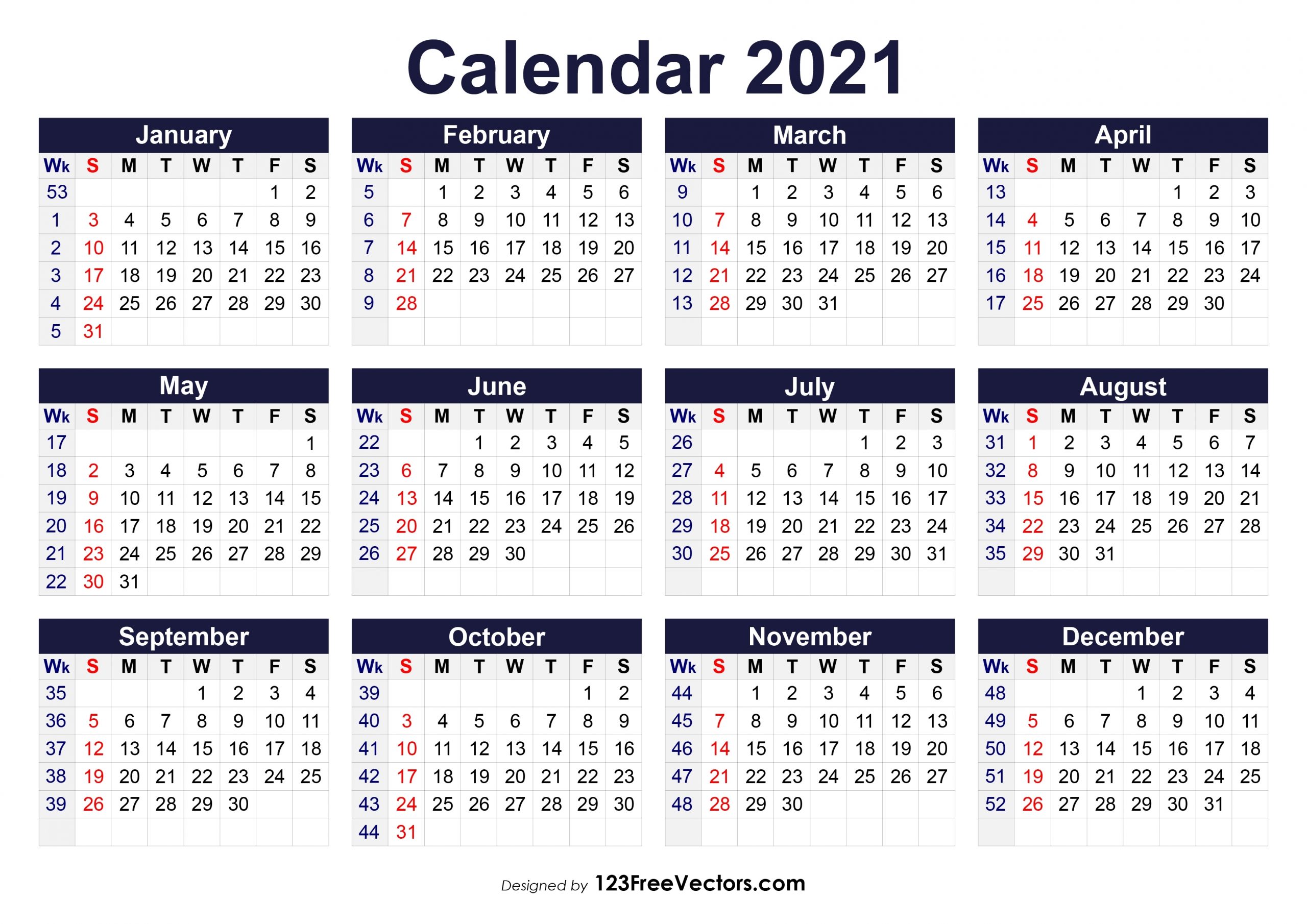 2021 Calendar With Week Number Printable Free - Calendar