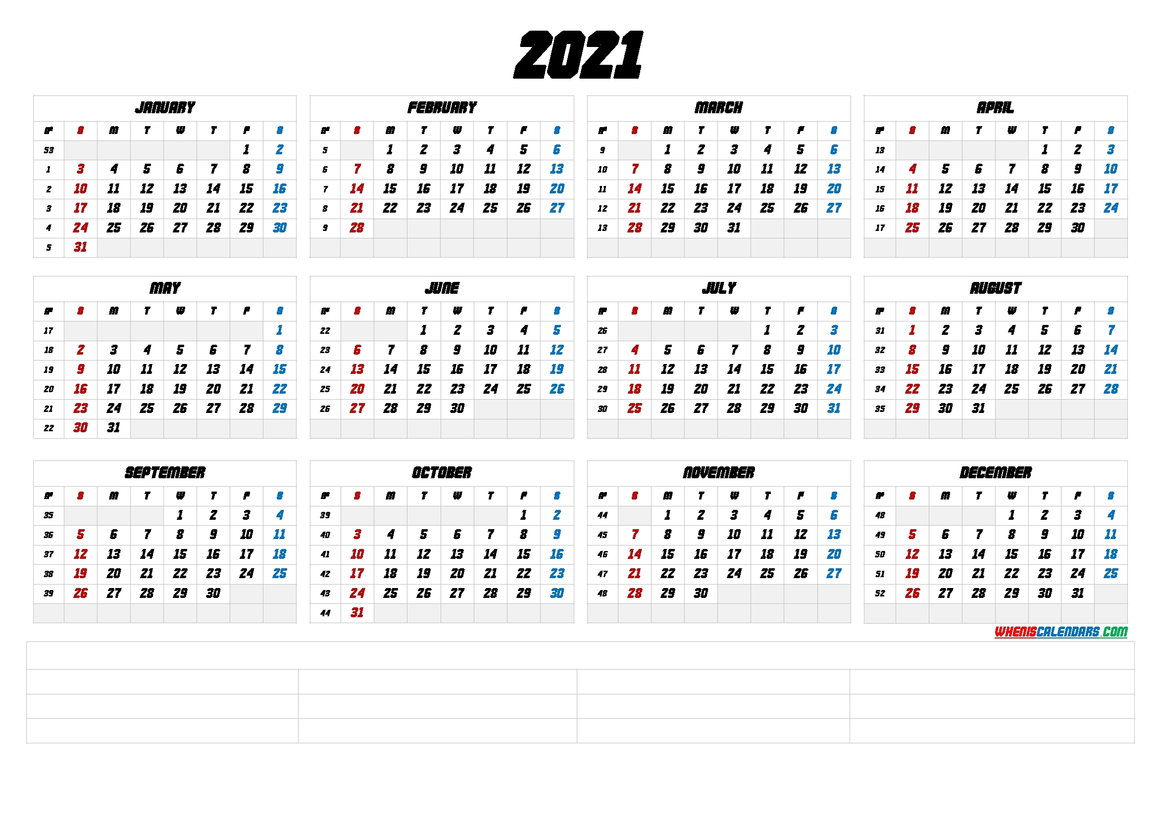 2021 Calendar With Week Number Printable Free : January