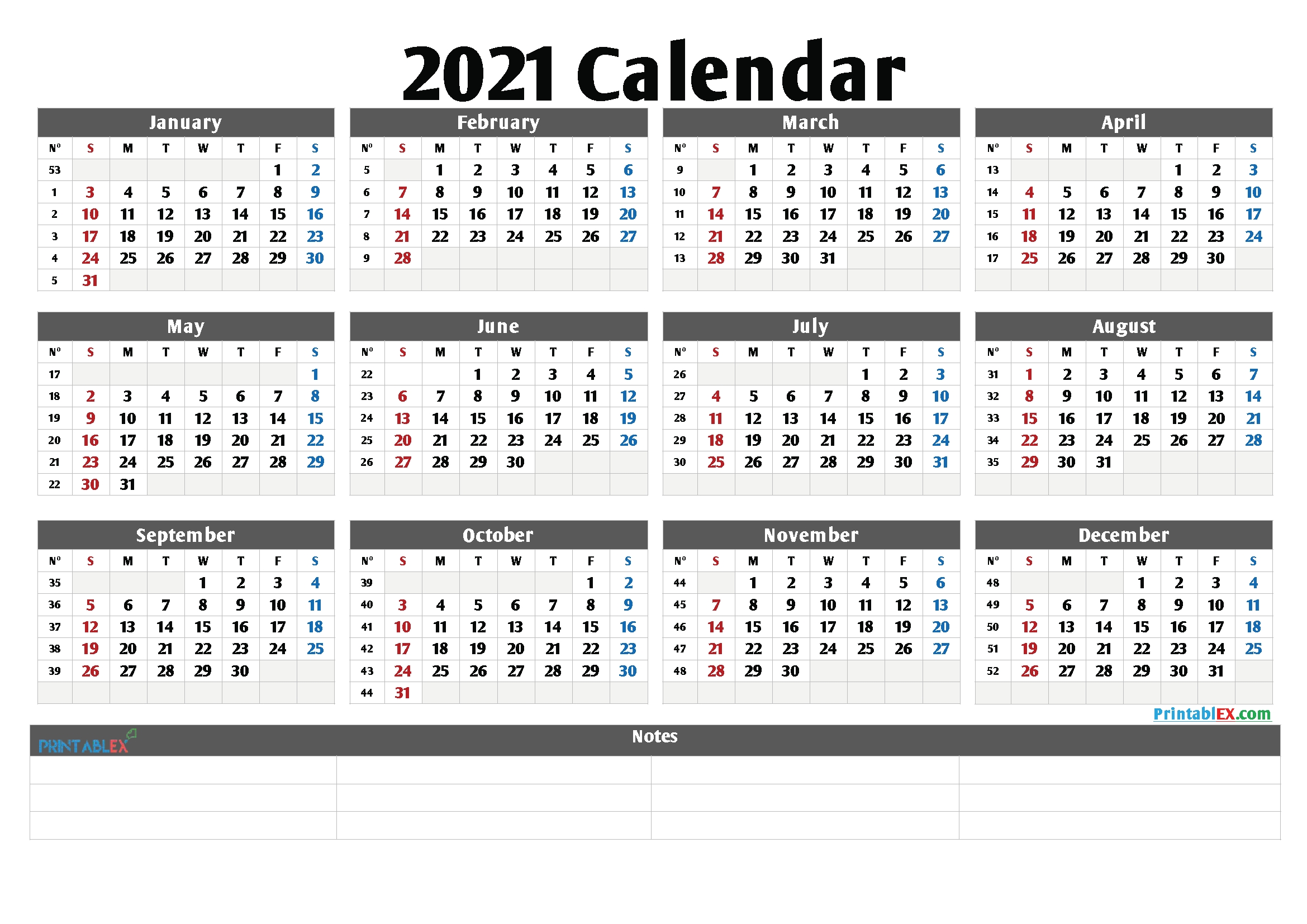 2021 Calendar With Week Number Printable Free : January