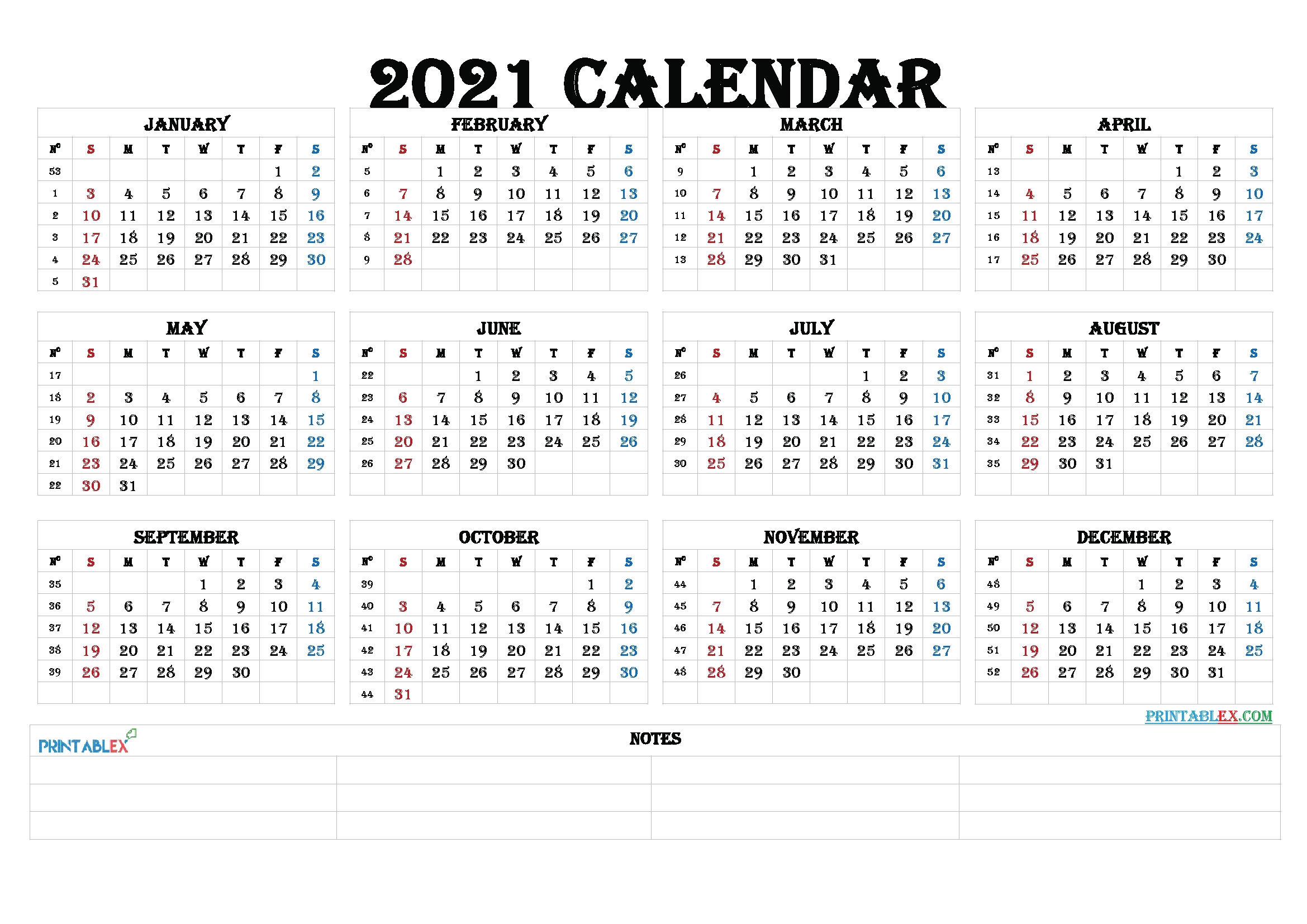 2021 Calendar With Week Number Printable Free : Printable