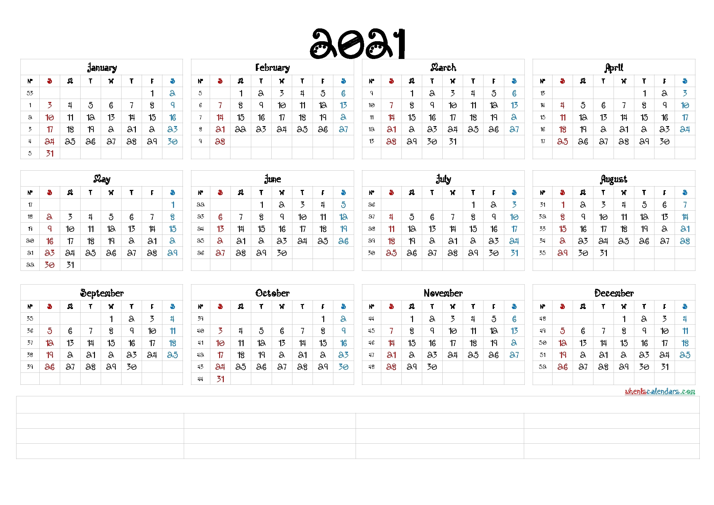 2021 Calendar With Week Number Printable Free / Week