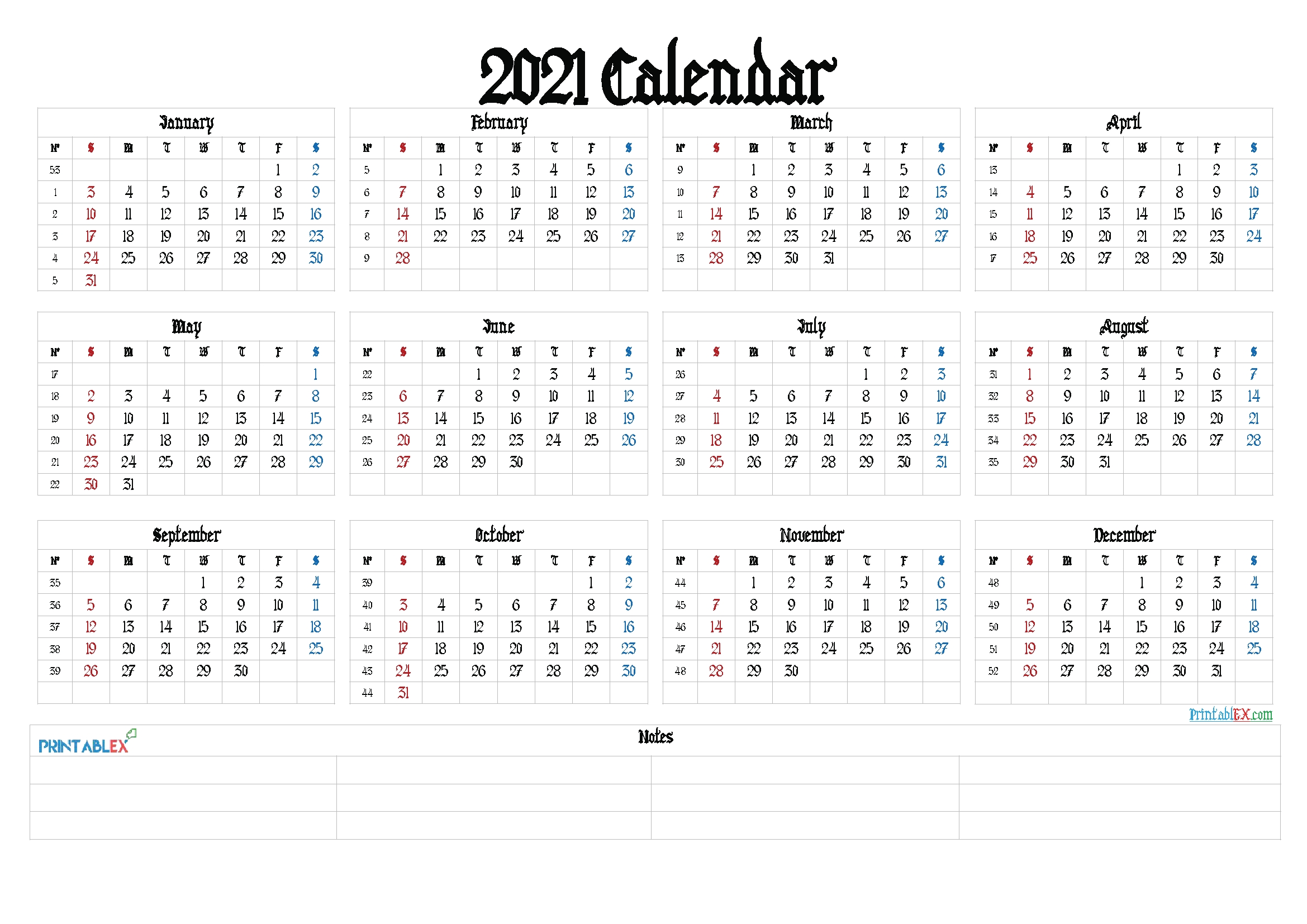 2021 Calendar With Week Number Printable Free / Week