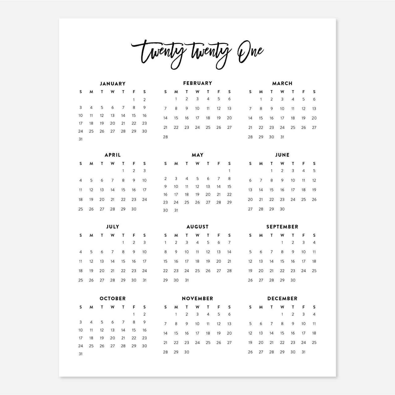 2021 Desk Calendar Printable Calendar 2021 Calendar Year