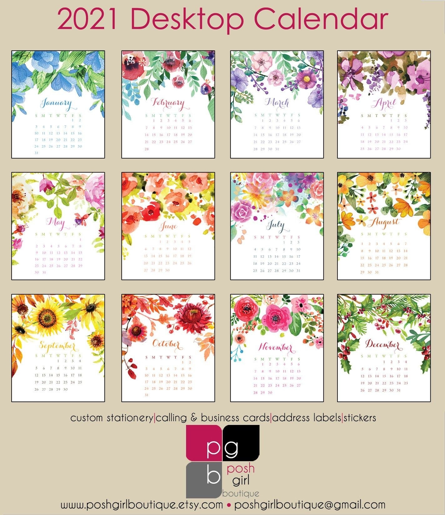 2021 Desk Calendar Watercolor Florals With Clear Case