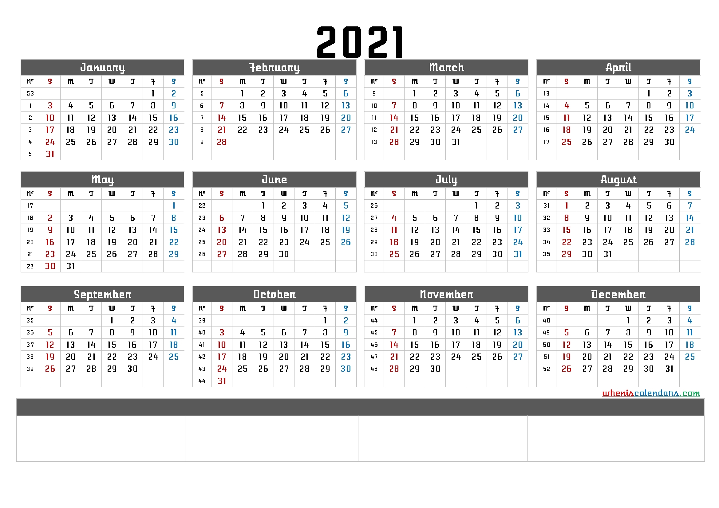 2021 Free Printable Yearly Calendar (6 Templates) | Free