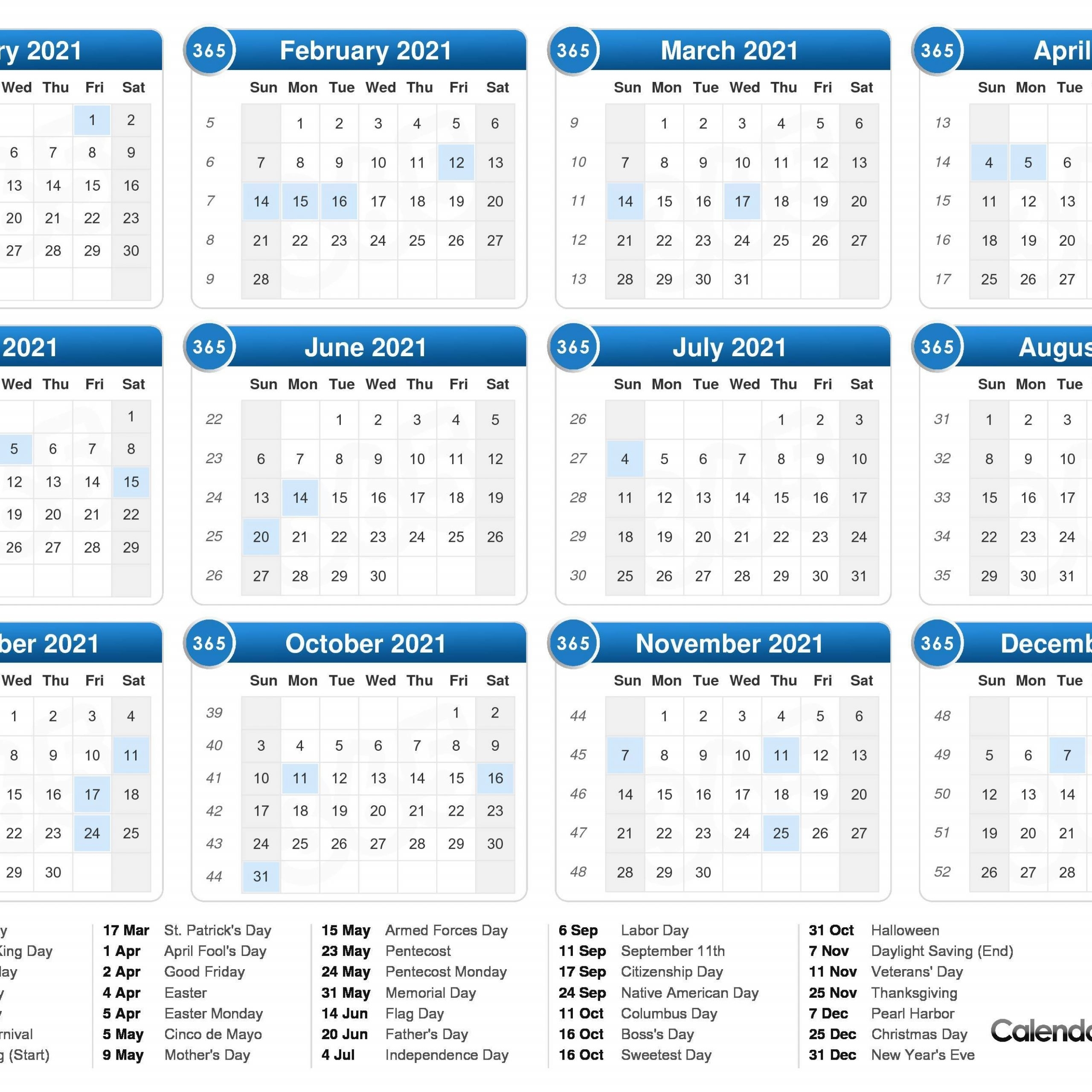 2021 One Page Calendar With Week Numbers | Free Printable